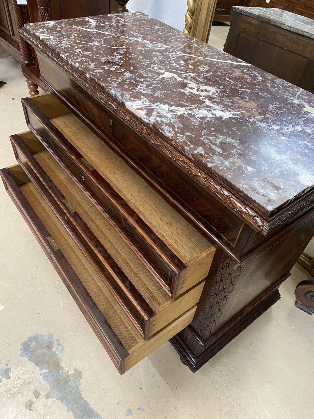 FRENCH MARBLE-TOP ROSEWOOD COMMODE SECRETAIRE CHEST OF DRAWERS