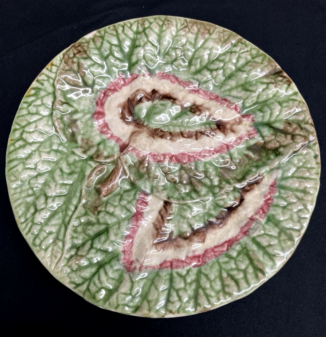 Vintage Majolica Begonia Leaf Pedestal Dessert/Serving Plate 9 1/4"