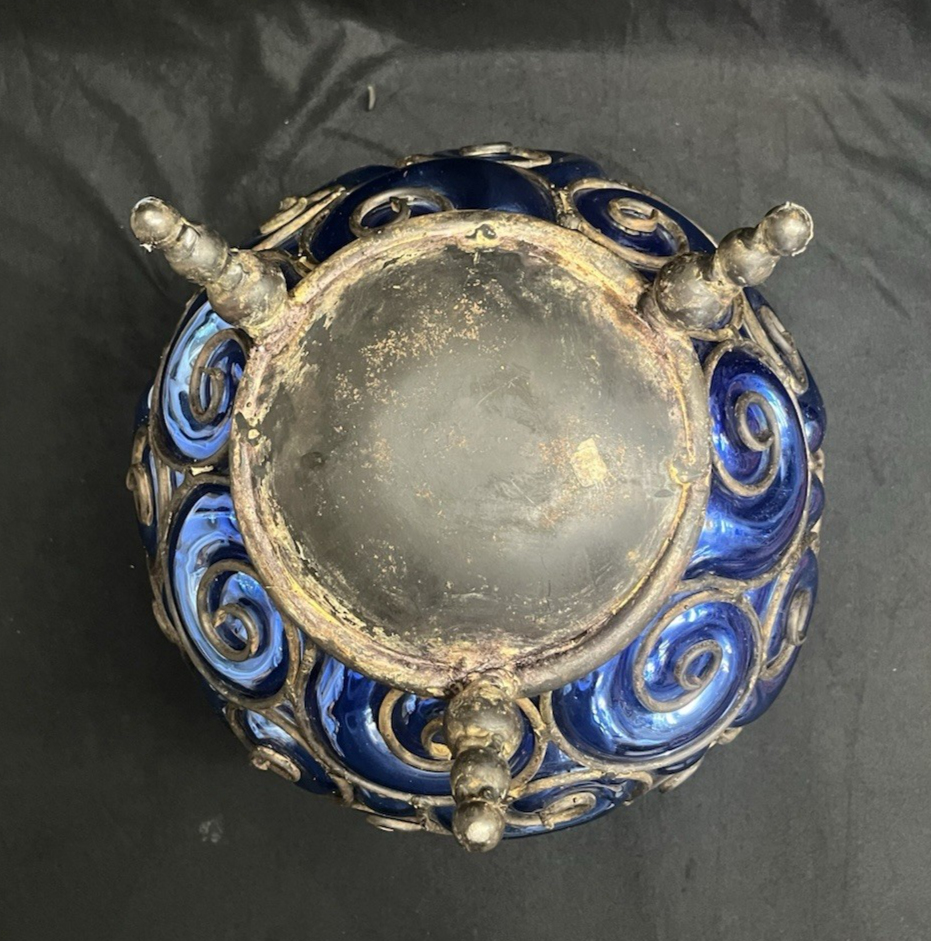 Murano Style Round Cage Bubble Blown Cobalt Blue Iridescent Glass Sculpture 13"