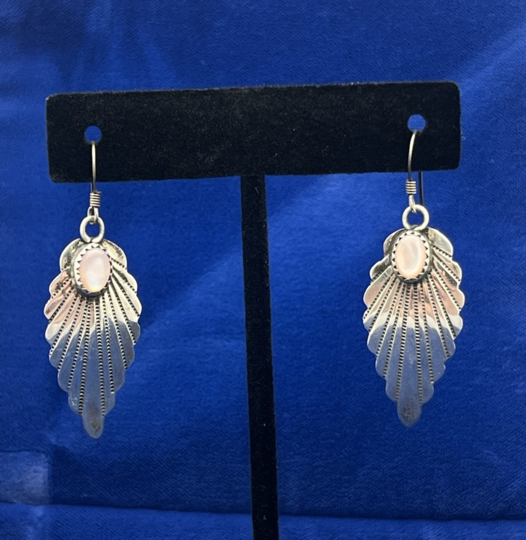 Vintage Navajo Sterling Silver Mother of Pearl Dangle Earrings Signed KF 4.4g