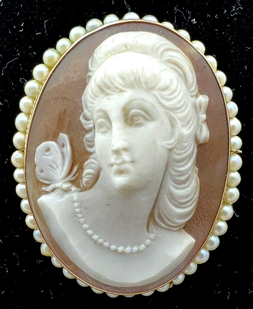 Victorian Shell Cameo Pendant Brooch 14K seed Pearls Full Face 1800's