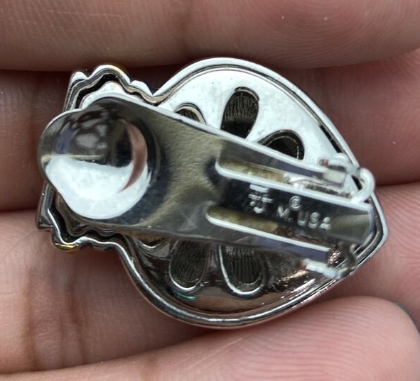 Designer Signed TJ M USA Silver and Gold Tone Heart  Clip On Earrings 1"