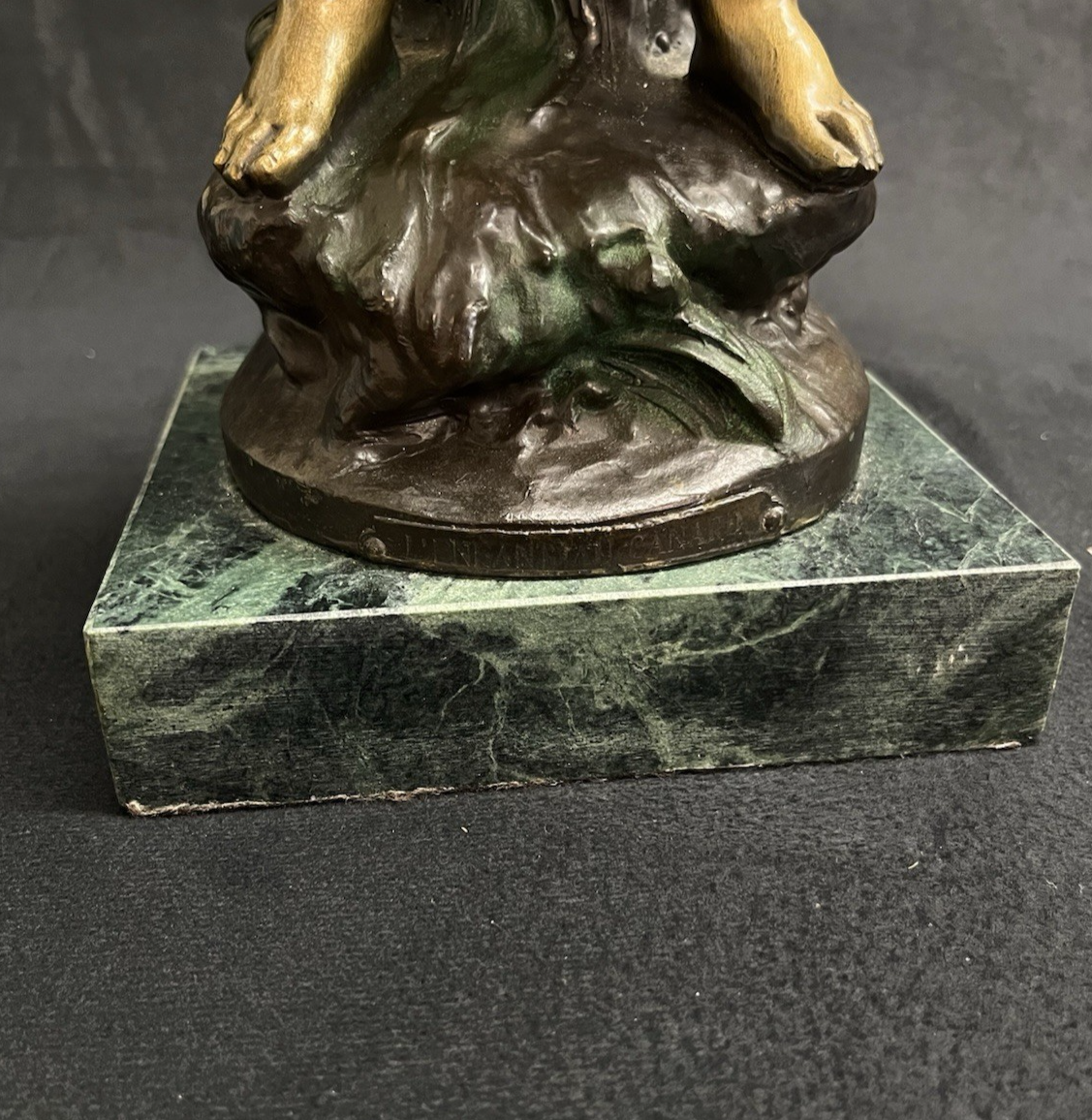 Vintage Auguste Moreau Bronze Sculpture on Marble Base Child w/ Goose Copr. 1906