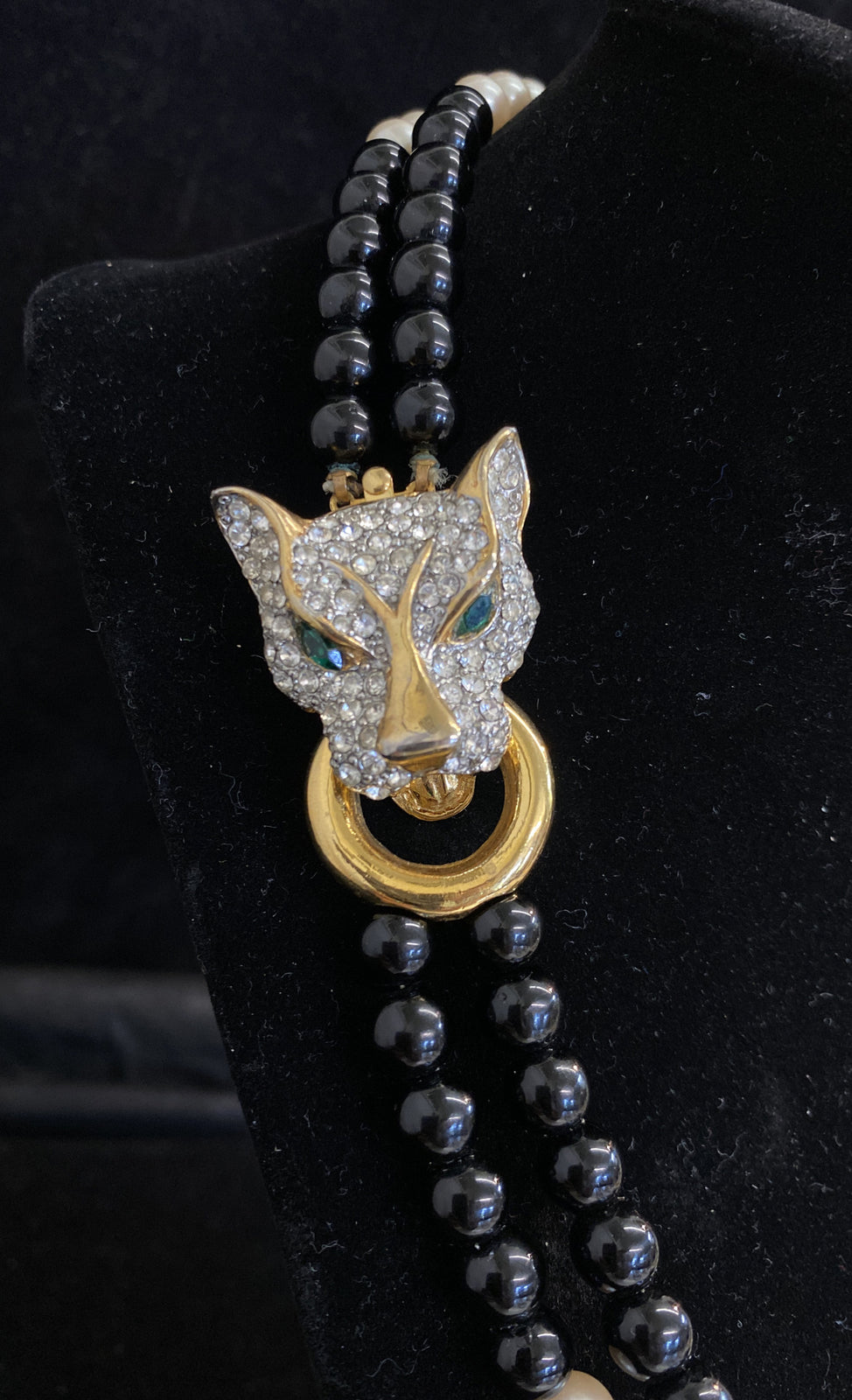 Vintage High End Black Panther Enamel Rhinestone Glass Faux Pearl Necklace