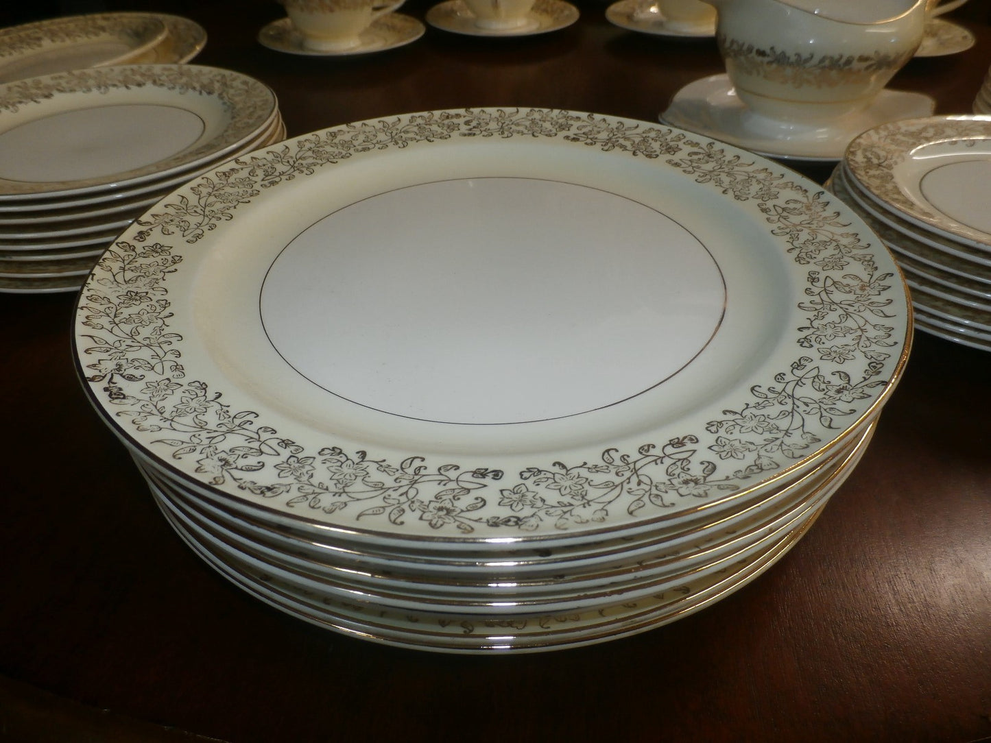 51 Pc. Edwin M Knowles Semi Vitreous Gold Floral China Set Service for 8 plus