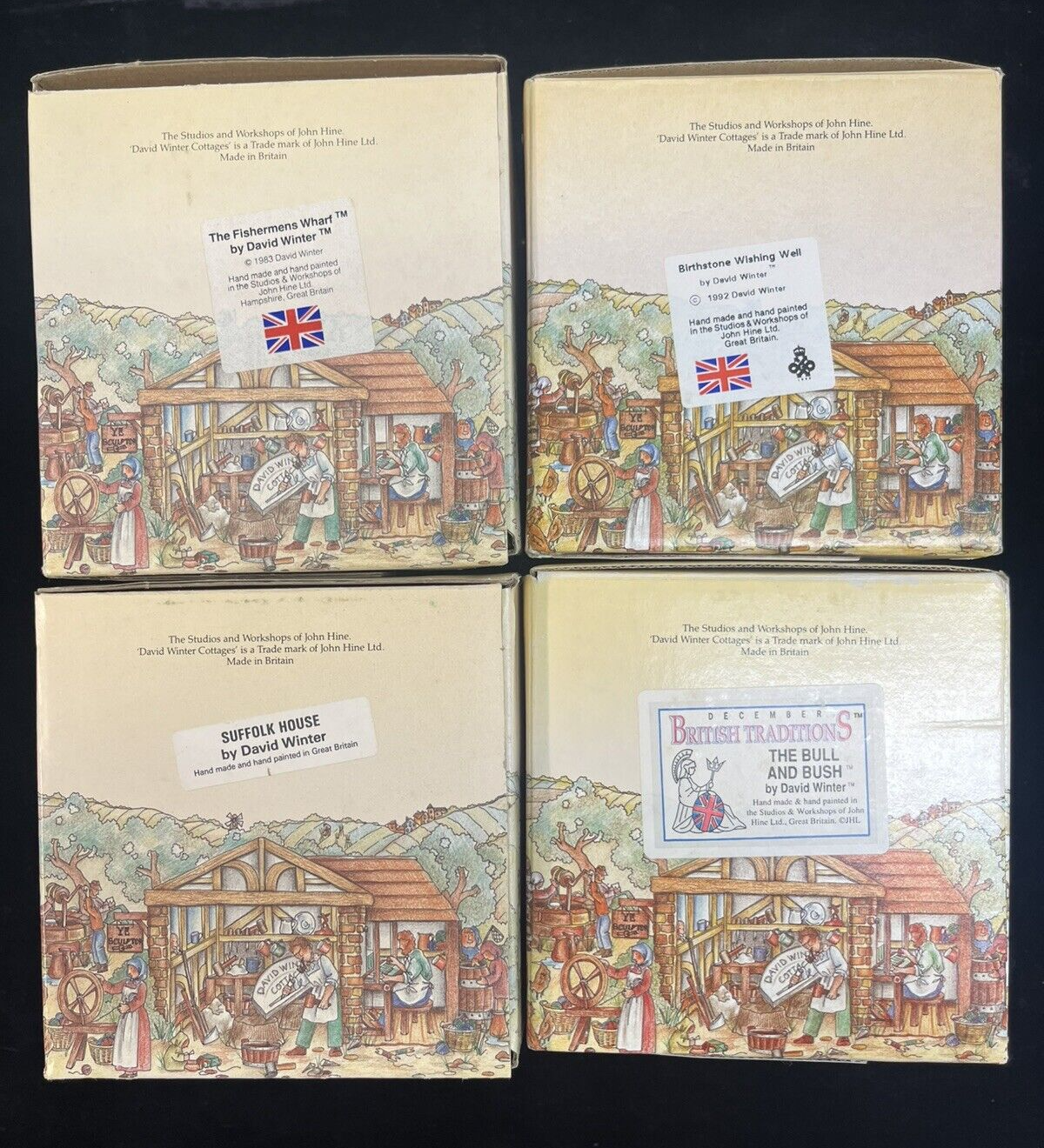 David Winter Cottages Lot: The Bull & Bush, Wishing Well Suffolk House Fisherman