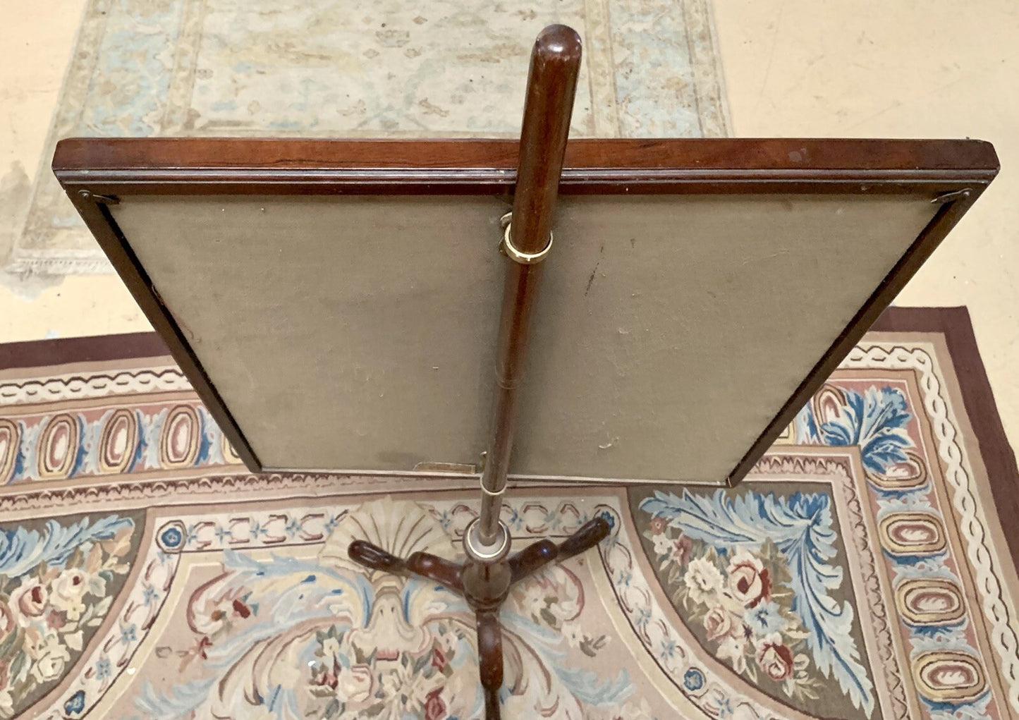 Antique Cherry Victorian Fire Pole Screen Stand w Tapestry