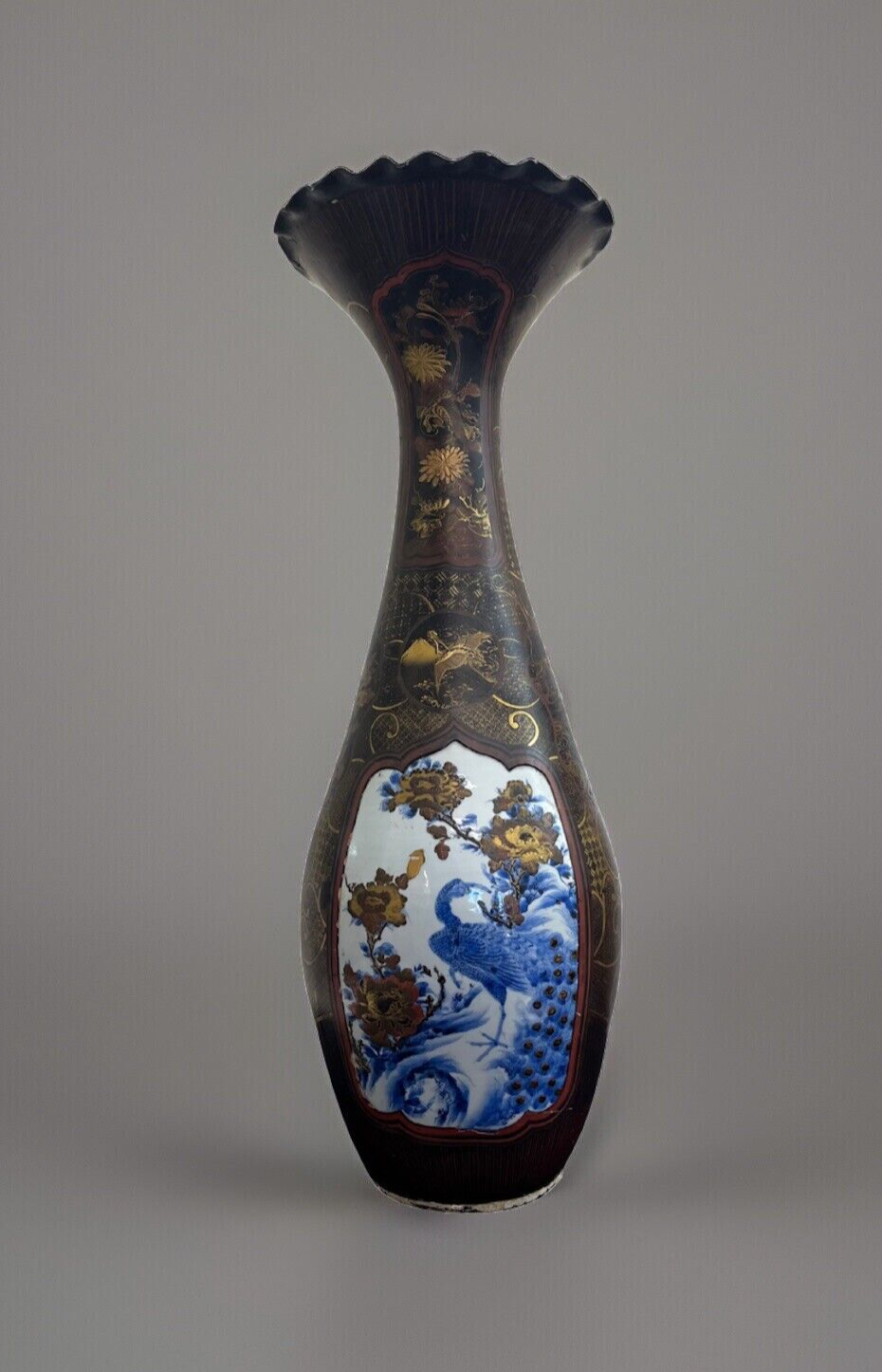 41" IMPRESSIVE MEIJI JAPANESE LACQUER COATED PORCELAIN PALACE VASE  FS1