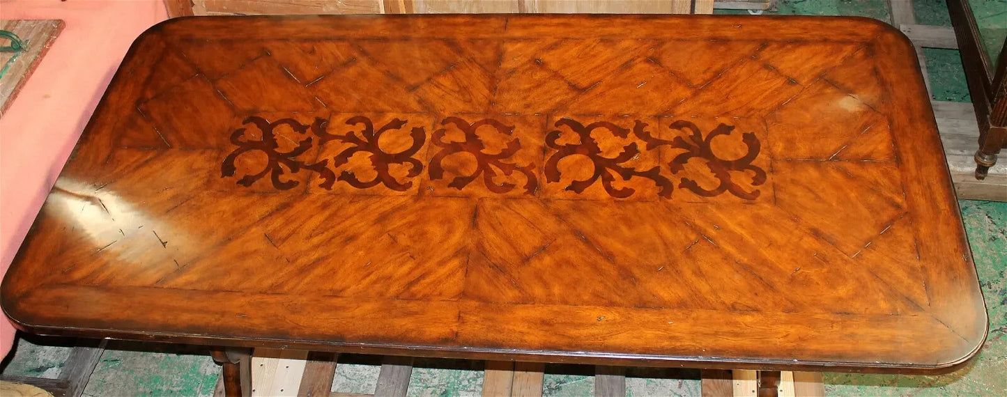 MAITLAND SMITH BAROQUE SPANISH STYLE DINING TABLE W/ INLAY & METAL STRETCHER 90”