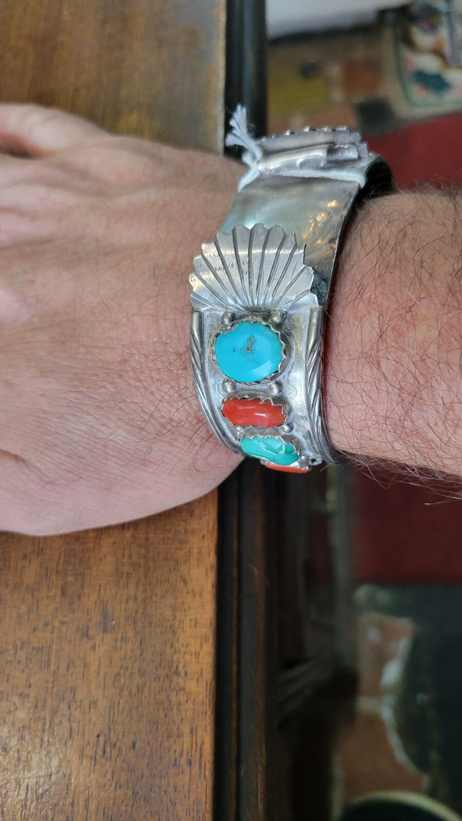 Sterling Silver Turquoise & Coral Watch Cuff by Zuni Artist Marvelyne Cheama 56g