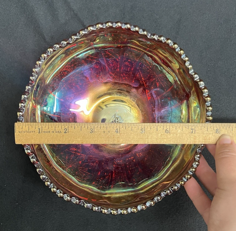 Imperial Glass OH Daisy & Button Rainbow Sunset Carnival Red Round Bowl 8"