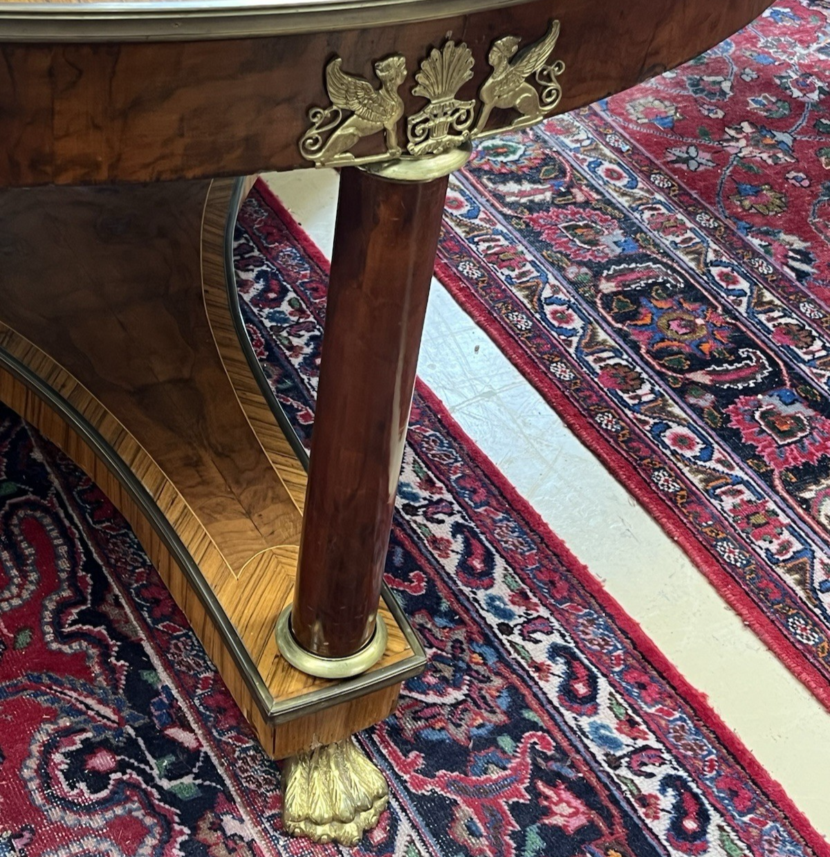 66" LARGE ROUND EMPIRE STYLE FIGURED BURL WALNUT CENTER ENTRYWAY TABLE