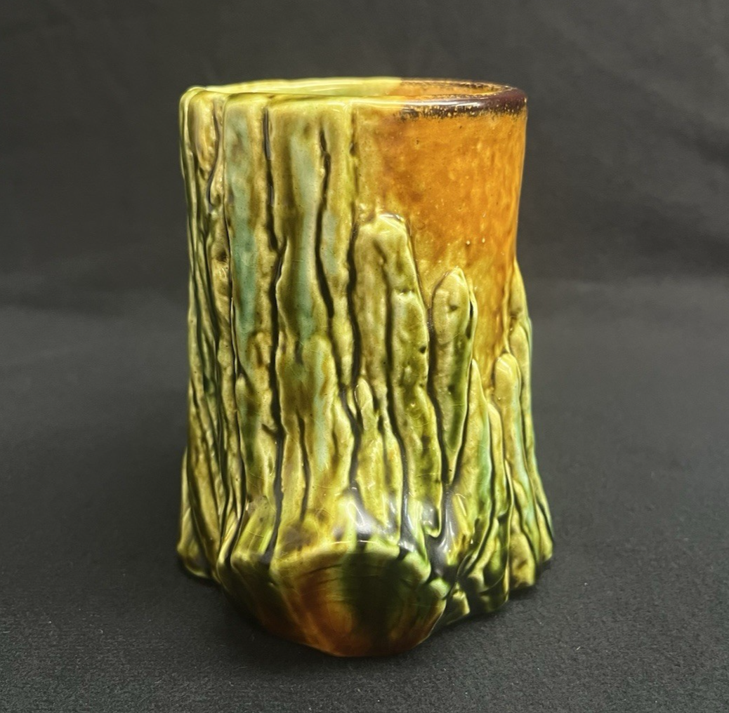 Antique Majolica Tree Trunk Textured Brown and Green Mug 4.5"