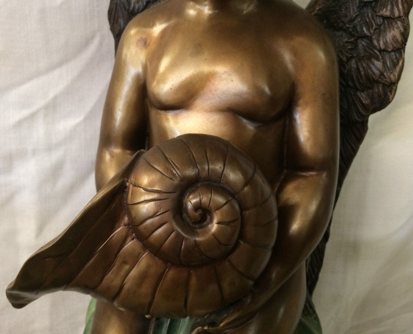 Bronze Cherub w Wings Angel Holding a Conch Shell Tabletop  Fountain H 27"