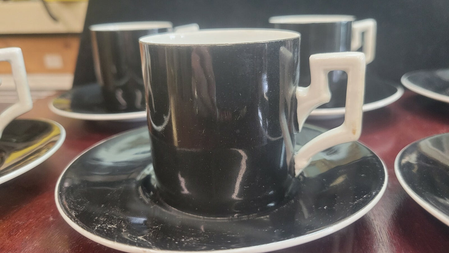 Czechoslovakia Demitasse Cup & Saucer  6 sets  Art Deco Black & White Espresso