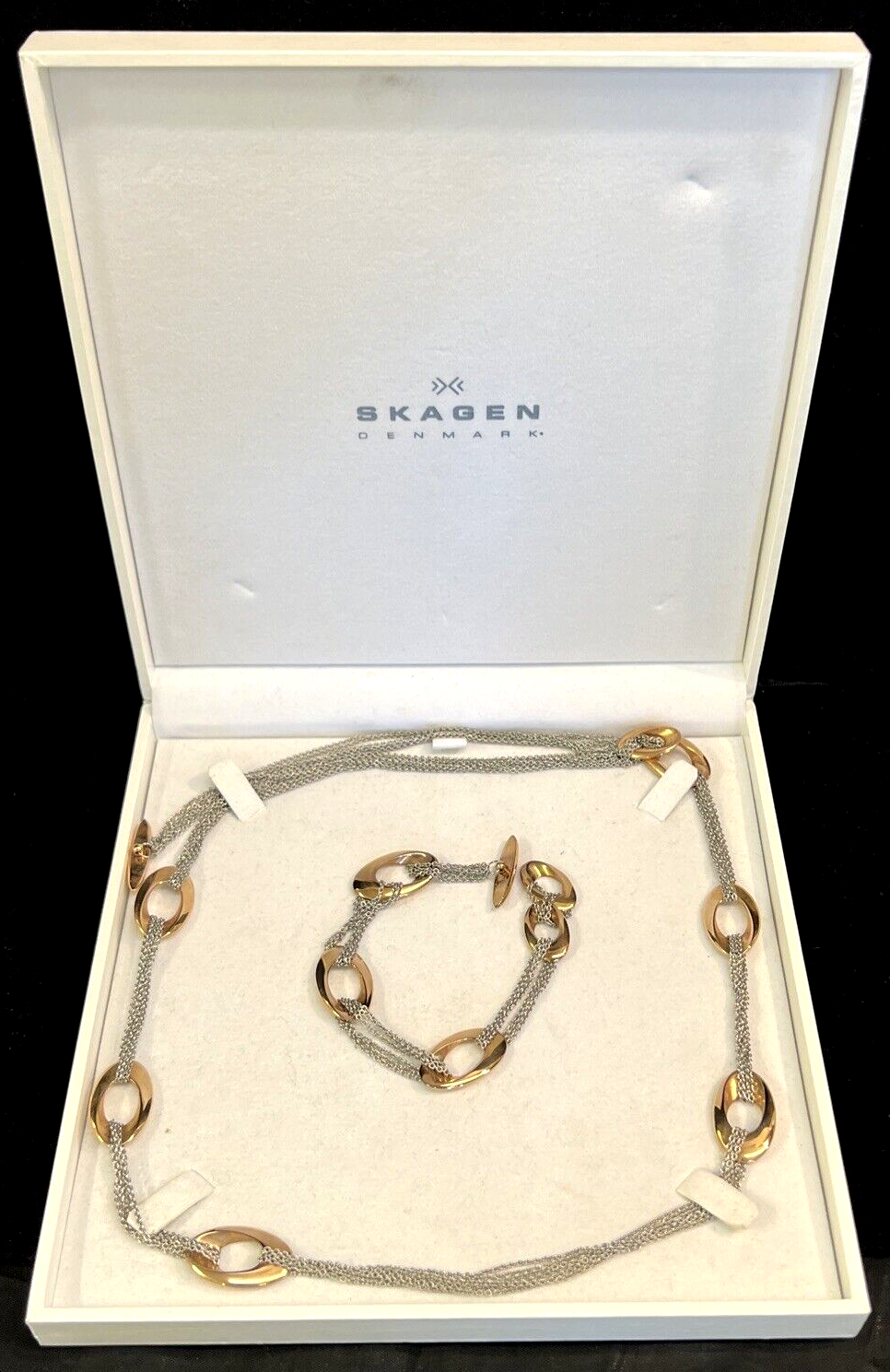 Skagen Ladies Mila Gold and Stainless Necklace and Bracelet Denmark Orig Box