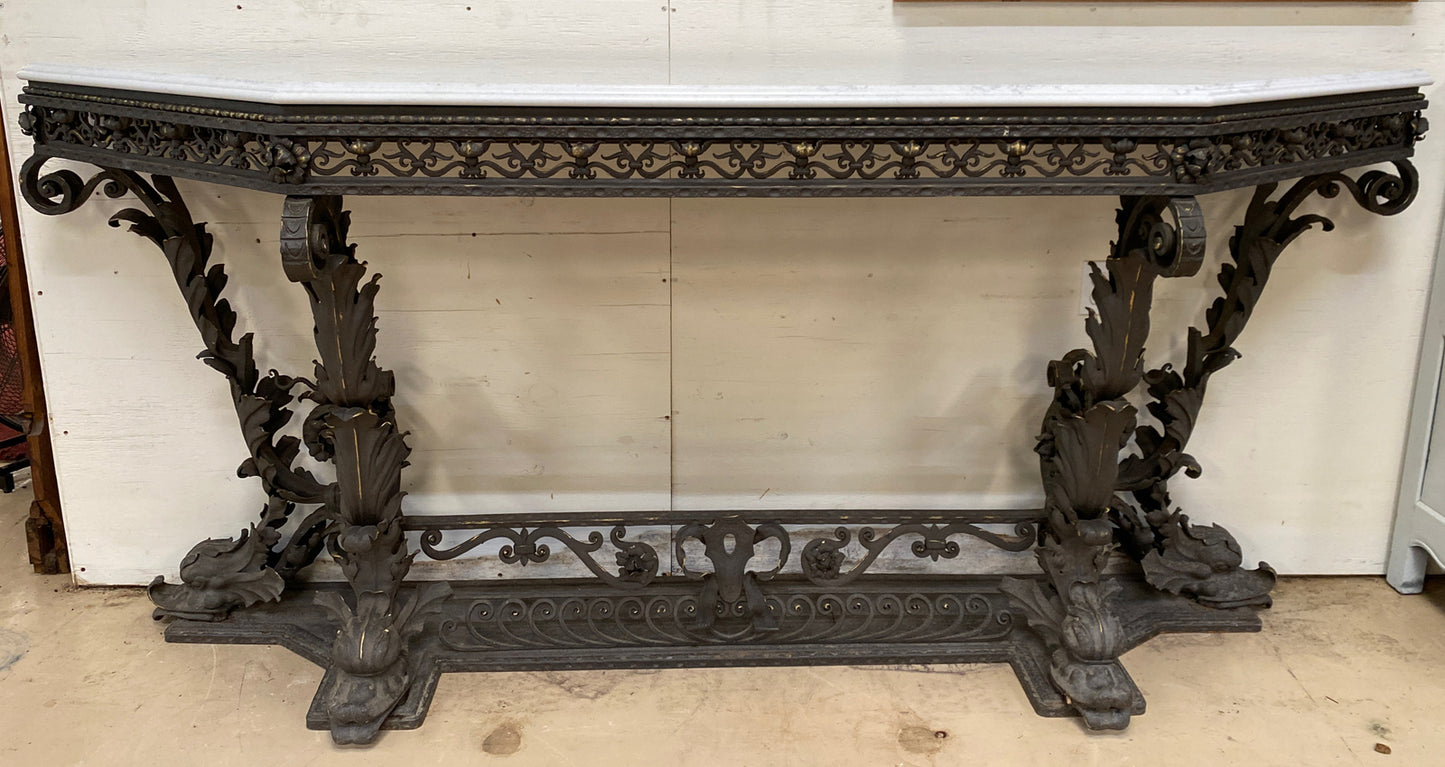 ANTIQUE ITALIAN VENETIAN WROUGHT IRON CONSOLE SIDEBOARD W/ WHITE QUARTZ TOP 105”