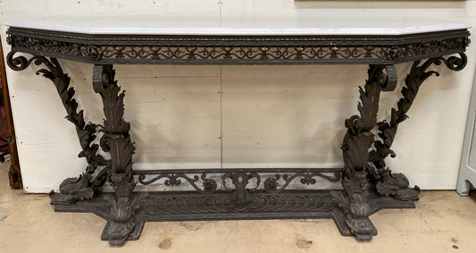 ANTIQUE ITALIAN VENETIAN WROUGHT IRON CONSOLE SIDEBOARD W/ WHITE QUARTZ TOP 105”
