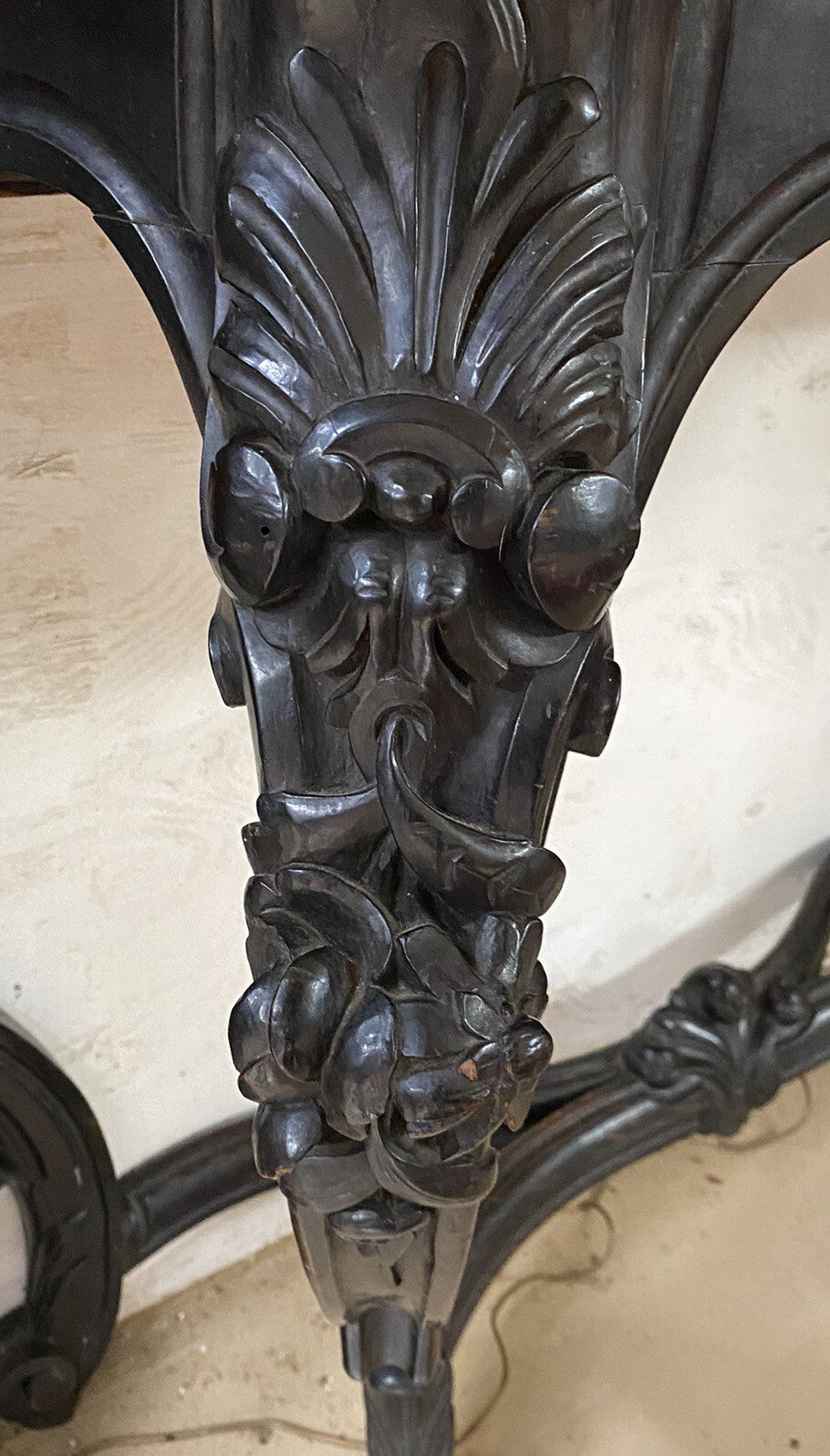 Antique French Louis XV Ebonized Bowfront Console Table w/ White Marble Top