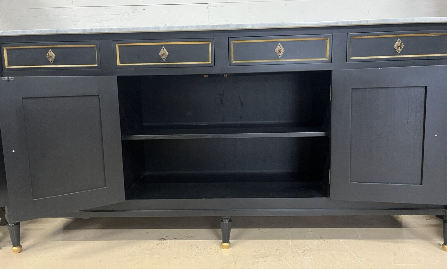 French Louis XVI Marble Top Black & Gold Cabinet Sideboard Cabinet Enfilade