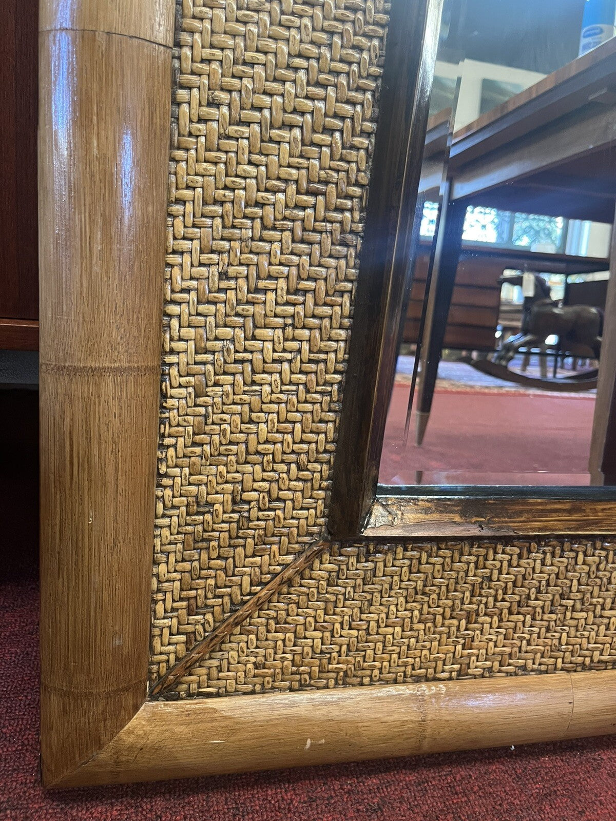 PAIR OF COASTAL BEACH BAMBOO & RATTAN FRAMED BEVELED MIRRORS 35.5" X 29.5"