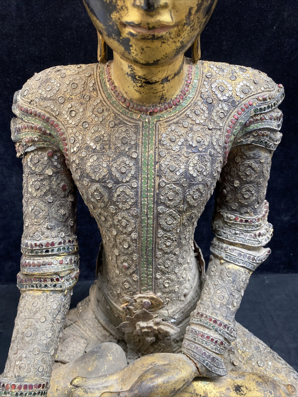 Thai Gilt Wood Seated Buddha Statue w/ Leather & Jewel Adornment