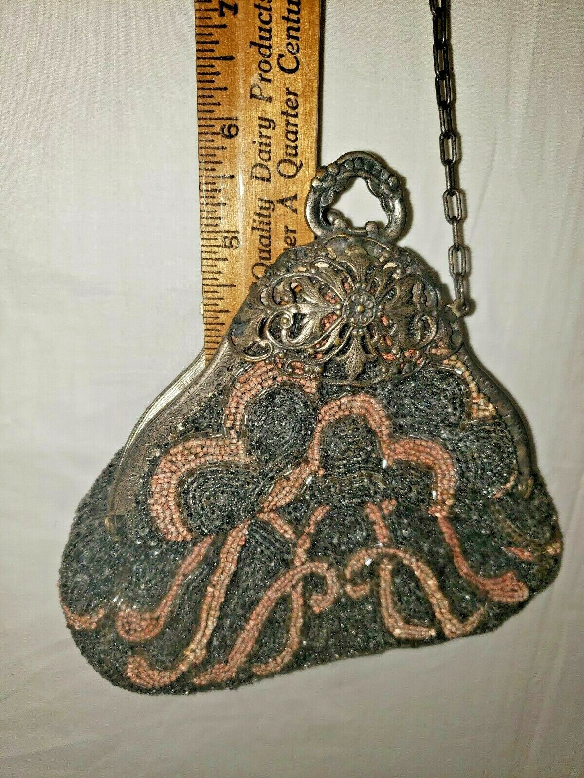 Antique Pink and Grey Beaded Purse Hand Made In France