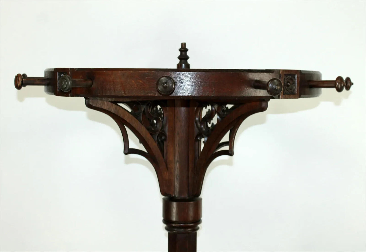 Antique French Gothic Revival Carved Oak Round Pedestal Rotating Coat Tree Rack