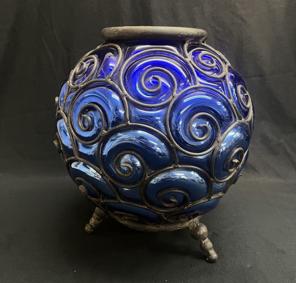 Murano Style Round Cage Bubble Blown Cobalt Blue Iridescent Glass Sculpture 13"