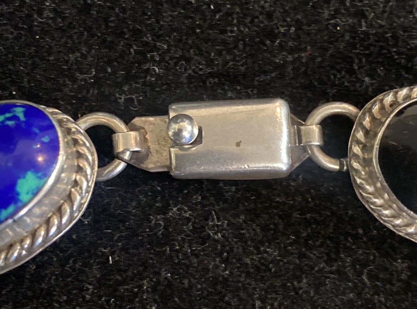 Mexican Sterling 7 Oval Links Gemstone Bracelet 7.5"  turqouise, coral 44.8g