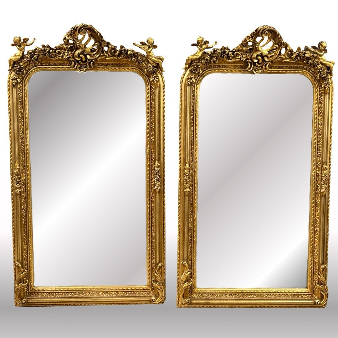 PAIR OF LARGE LOUIS XV STYLE GILT GOLD PUTTI ANGEL WALL MIRRORS, 61.5"H