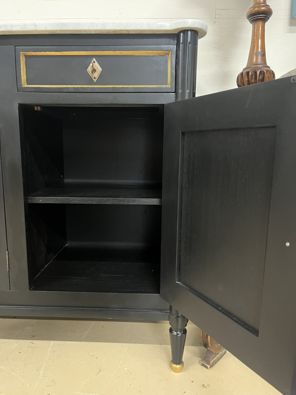 French Louis XVI Marble Top Black & Gold Cabinet Sideboard Cabinet Enfilade