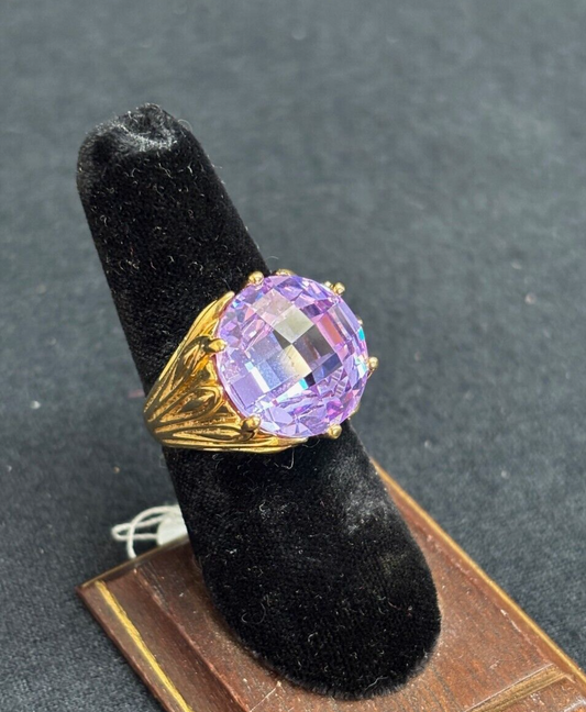 Sterling Silver 925 Gold Vermeil Purple Cushion Cut CZ Ring SZ 7