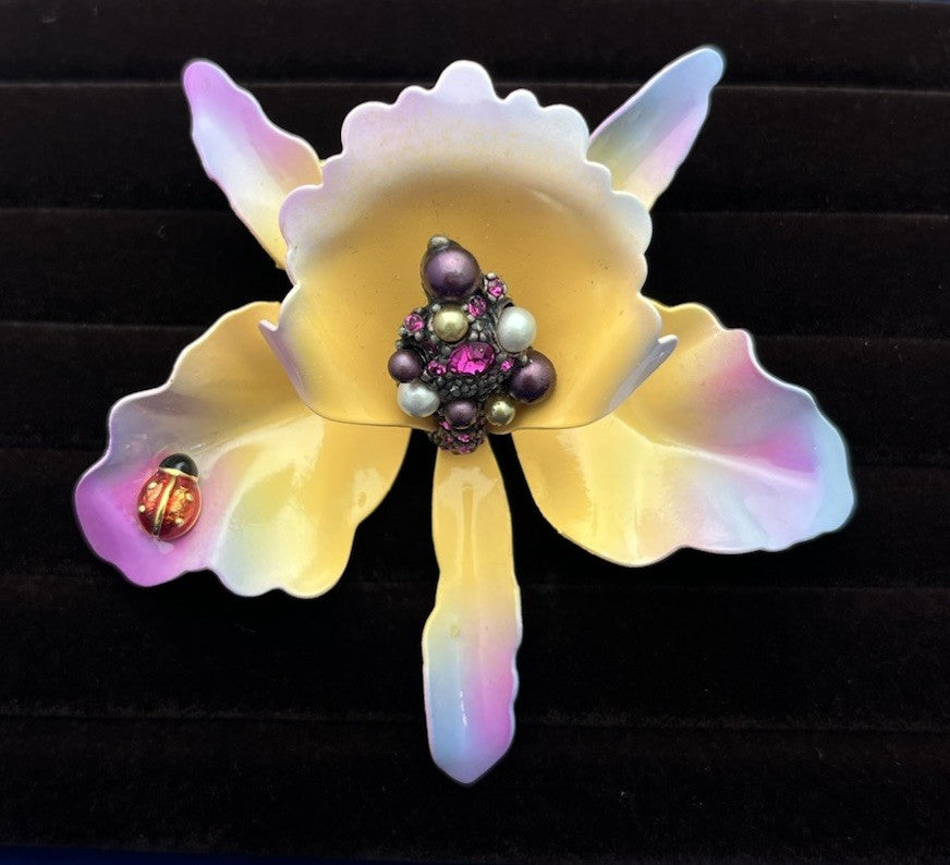 JOAN RIVERS Orchid Brooch Enamel Purple & Peach Flower Lady bug Pin Rhinestones