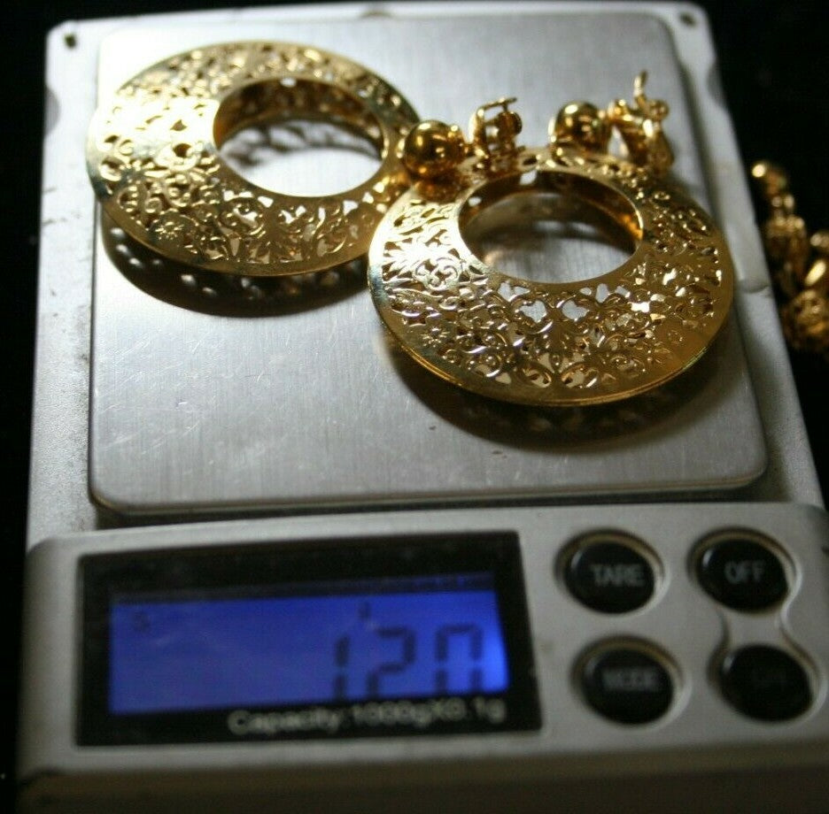 Two Pair  Vintage Trifari Gold Plated Clip Earrings Filigree Hoop & Dangles