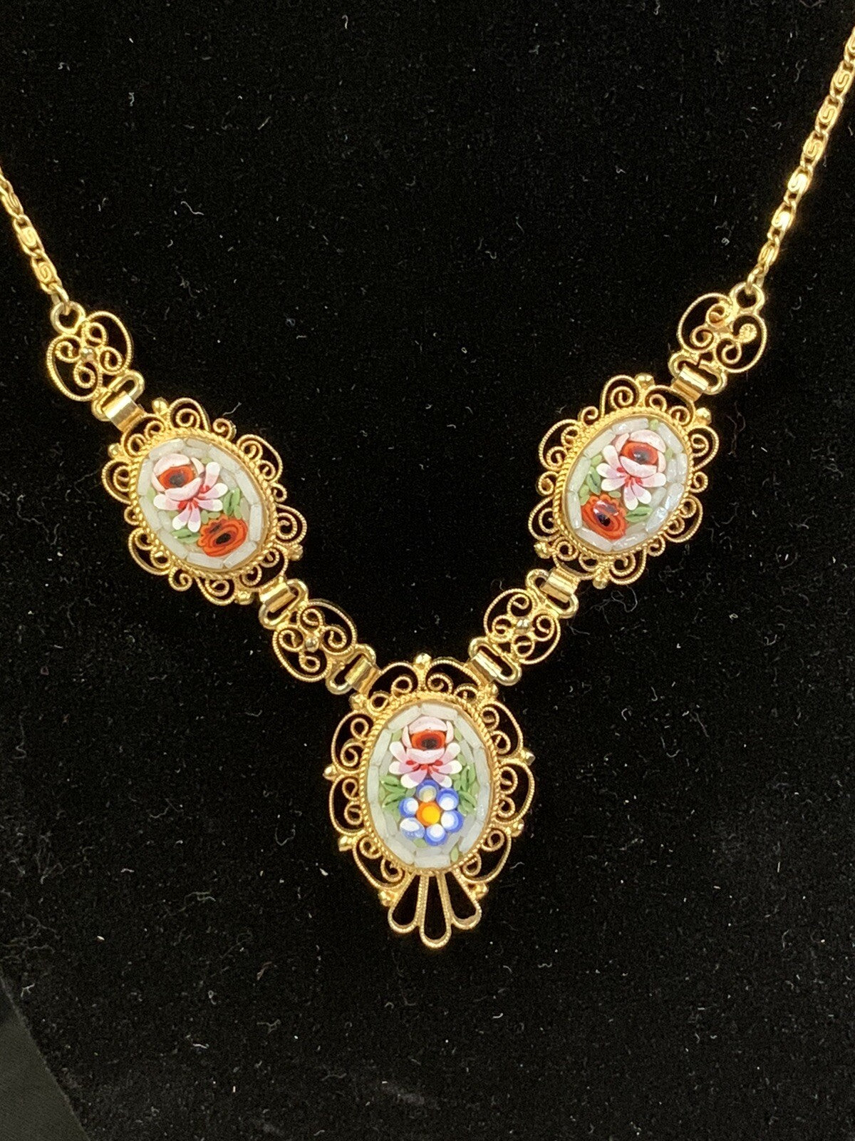 Antique Italian Grand Tour 3 pc Micromosaic & Filigree Pendant Necklace 18"