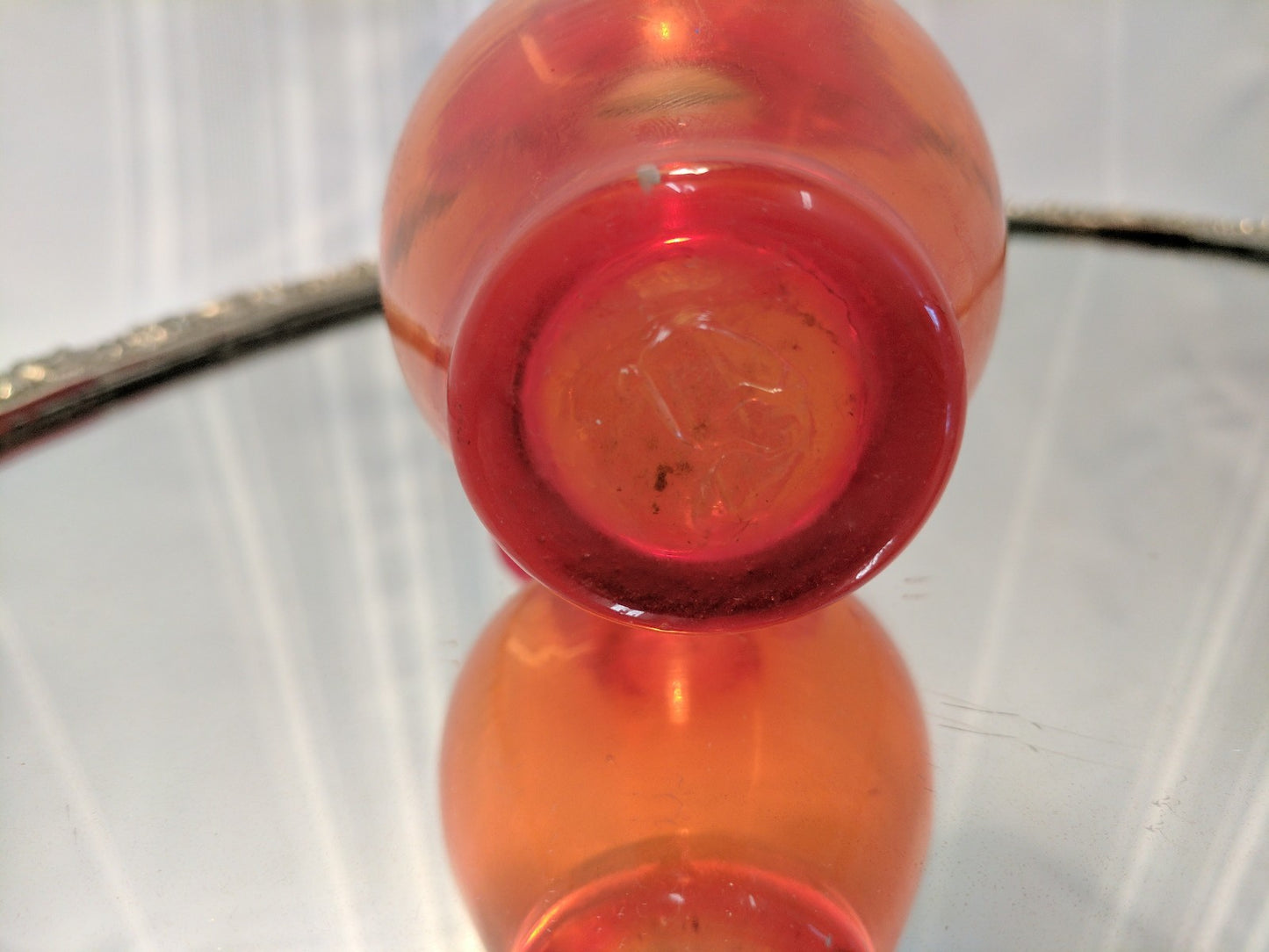 Vintage Hand Blown Art Glass Tangerine/ Amberina Pitcher w Handle Ruffled Top