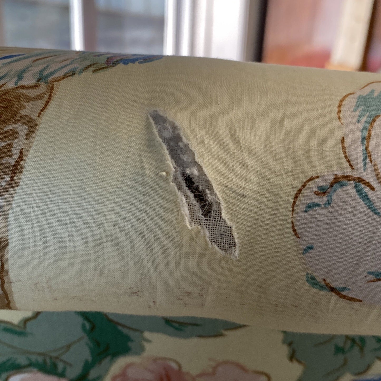 Antique Yellow Floral Queen Anne Mahogany Sofa Couch Settee Loveseat