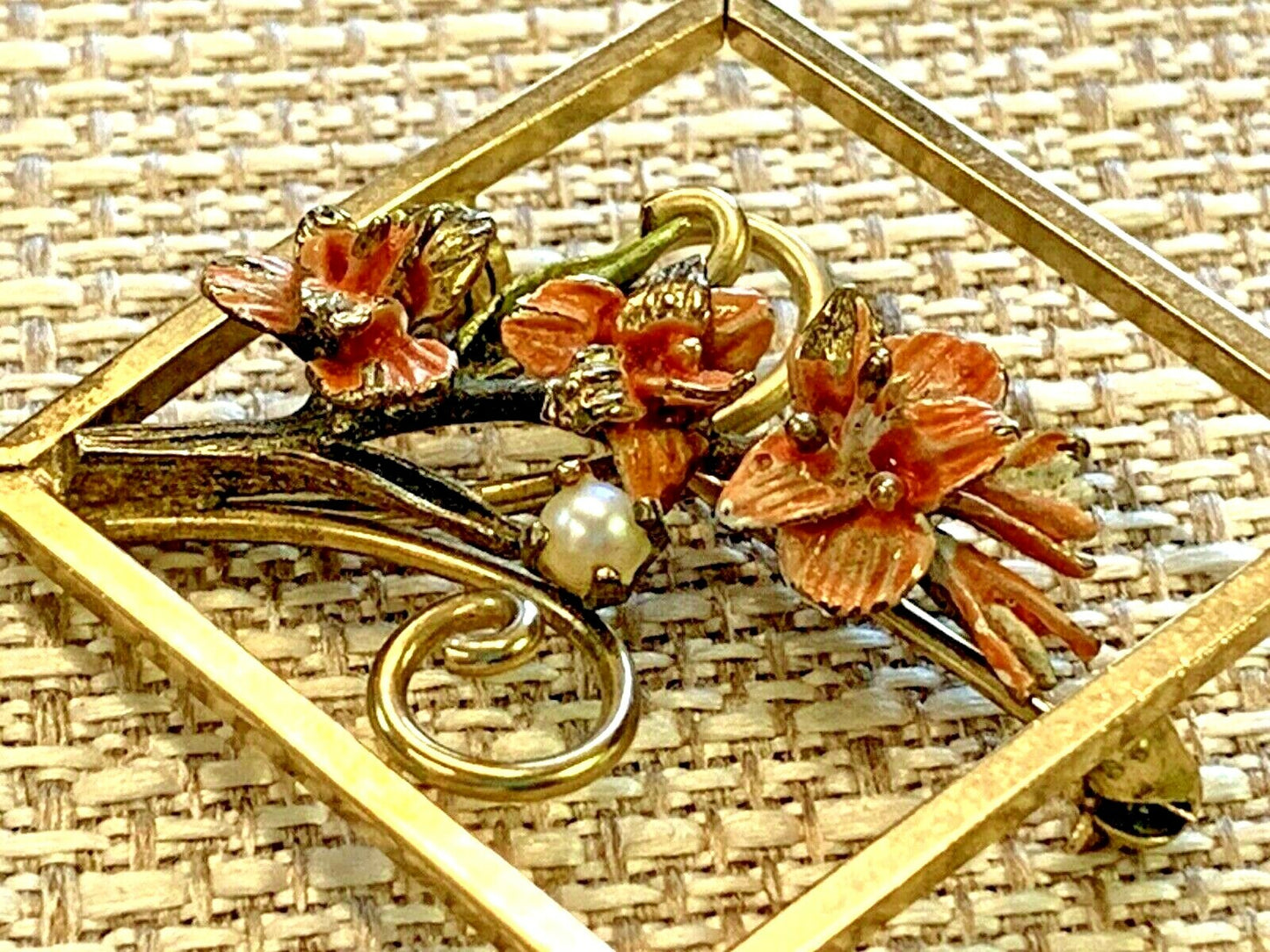 Vintage Dixelle Dainty 12k GF Sterling Trim  Sq Brooch Pin Pearl Enamel Flowers