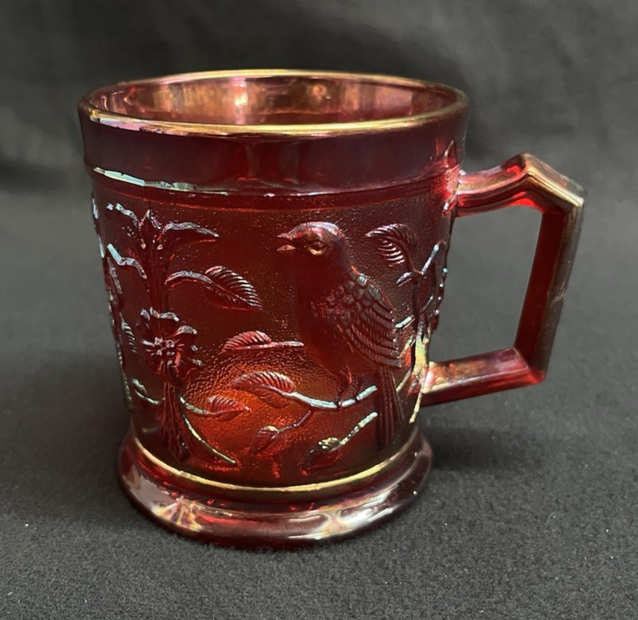Vintage 1960s Imperial Glass OH Red Carnival Robin on Branch Mug 3.5"