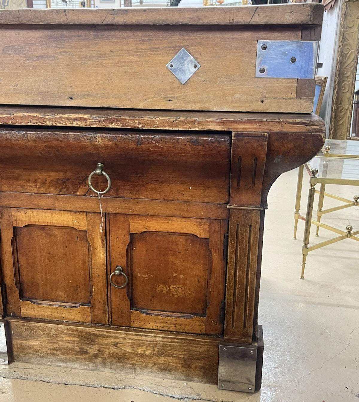 ANTIQUE FRENCH CARVED MIXED WOOD BUTCHER'S BLOCK WORK TABLE ISLAND 61" x 21"