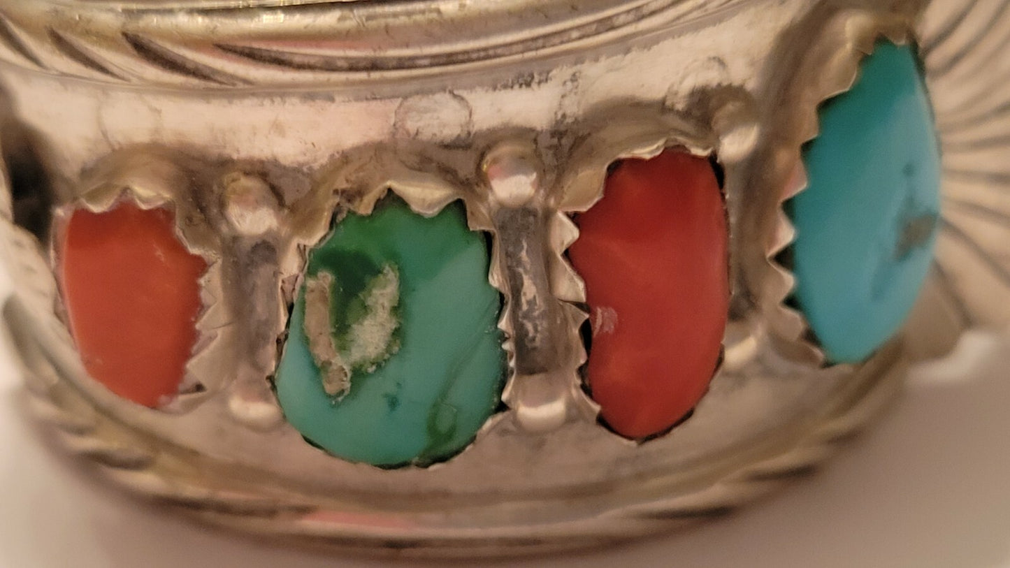 Sterling Silver Turquoise & Coral Watch Cuff by Zuni Artist Marvelyne Cheama 56g