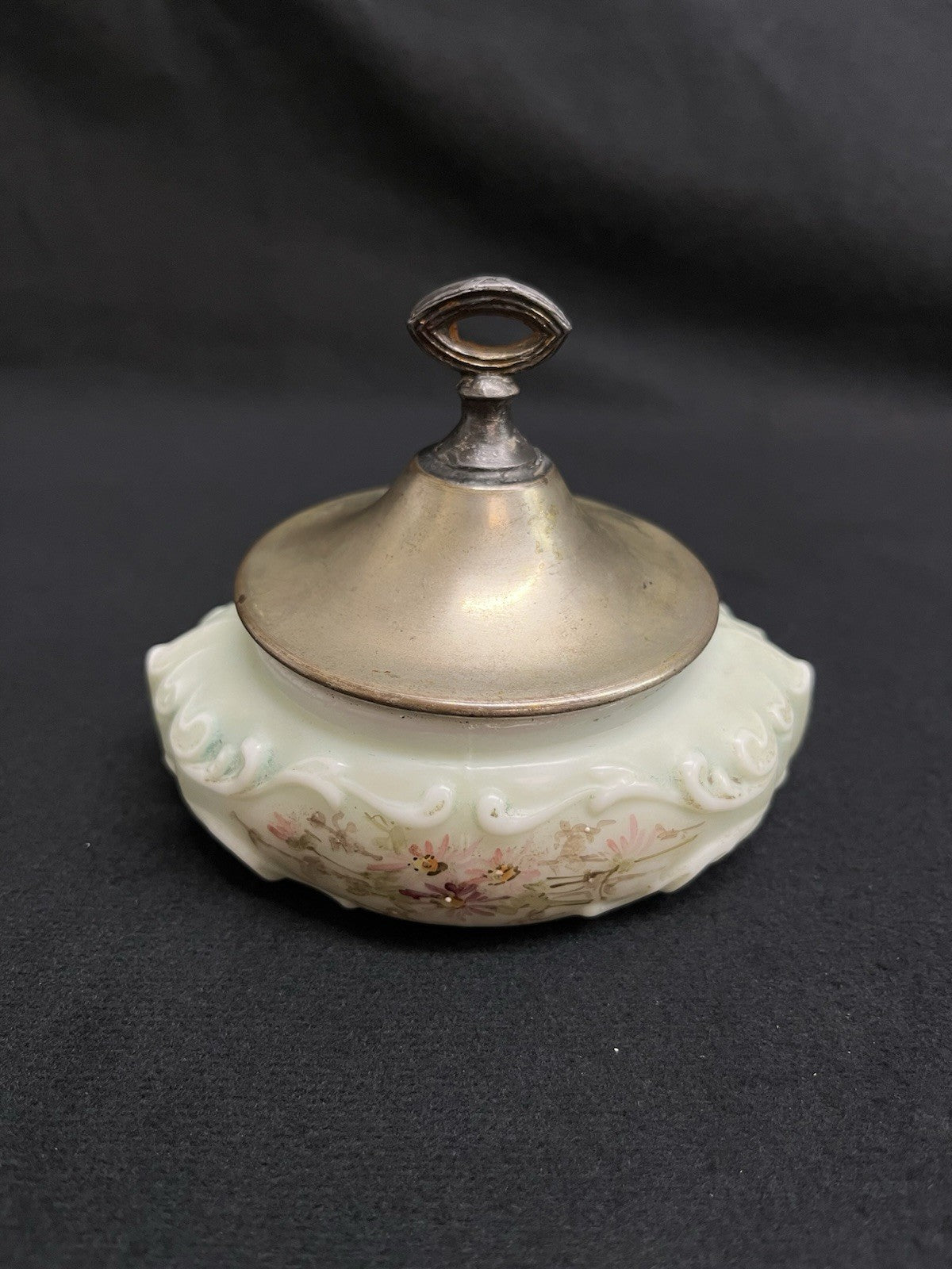 C.F. Monroe Co. Wave Crest Hand Painted Opal Glass Dresser Dish with Lid 4"