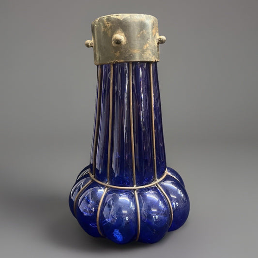 Murano Style Cylindrical Cage Bubble Blown Cobalt Glass Sculptural Ficture 18"