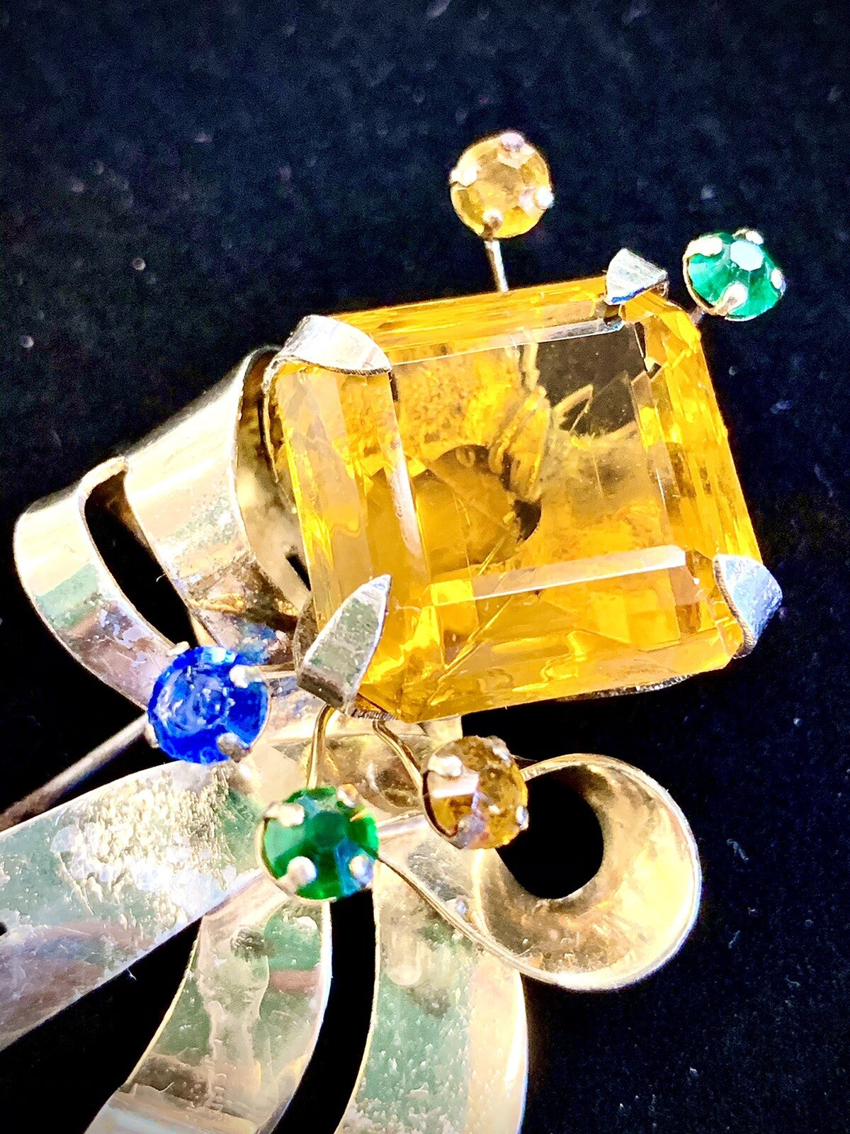 Large 1940's Floral Sterling Pin Brooch w. Large Glass Topaz Stone and more