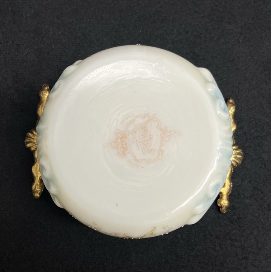 Signed C.F. Monroe Co. Wave Crest Hand Painted Opal Glass Open Pin/Trinket Dish