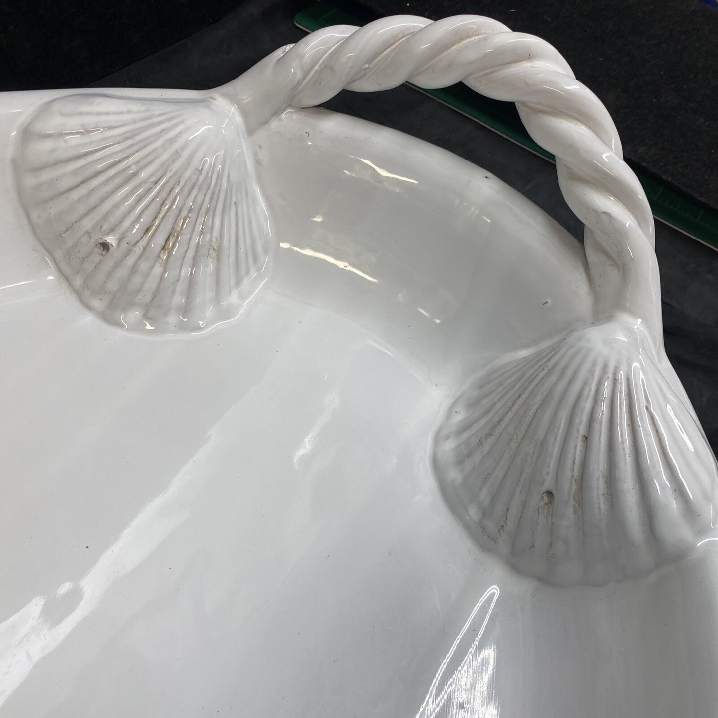 Large White Unmarked Seashell Rope Handle Serving Platter 57/60 Italy
