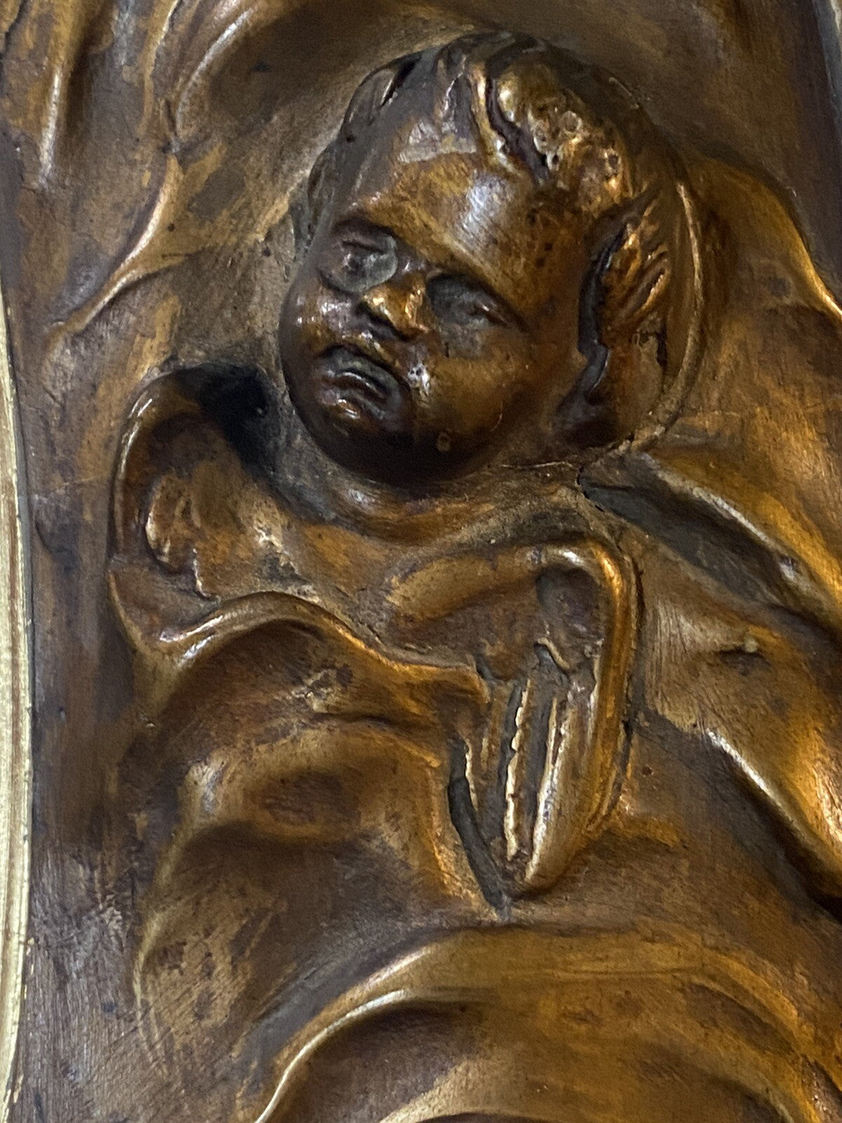 Antique Victorian Gold Oval Mirror w/ Cherub Faces and Wings