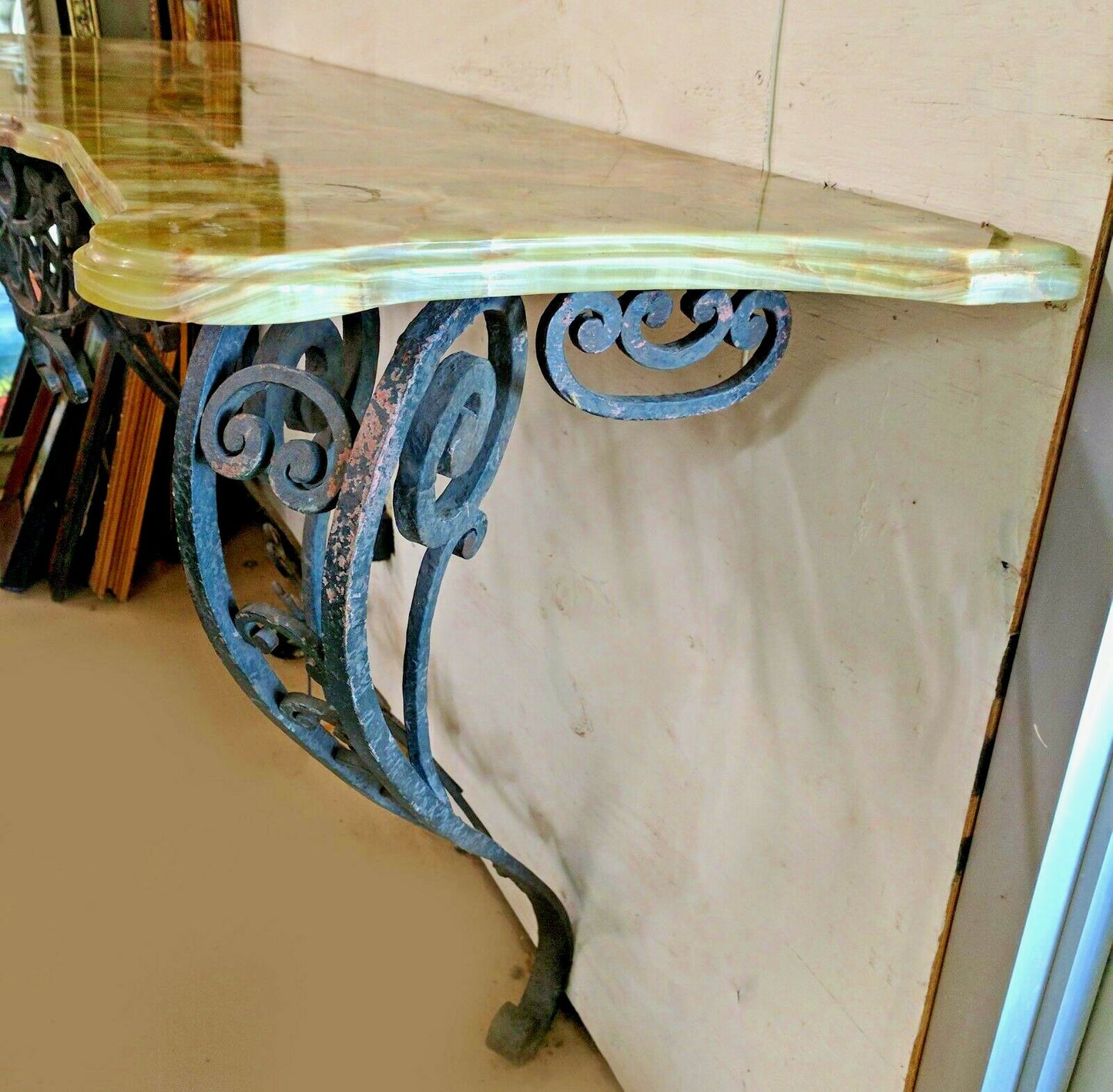 Antique French Rococo Style Scrolled Iron Console W61" Marble Onyx Attaches Wall