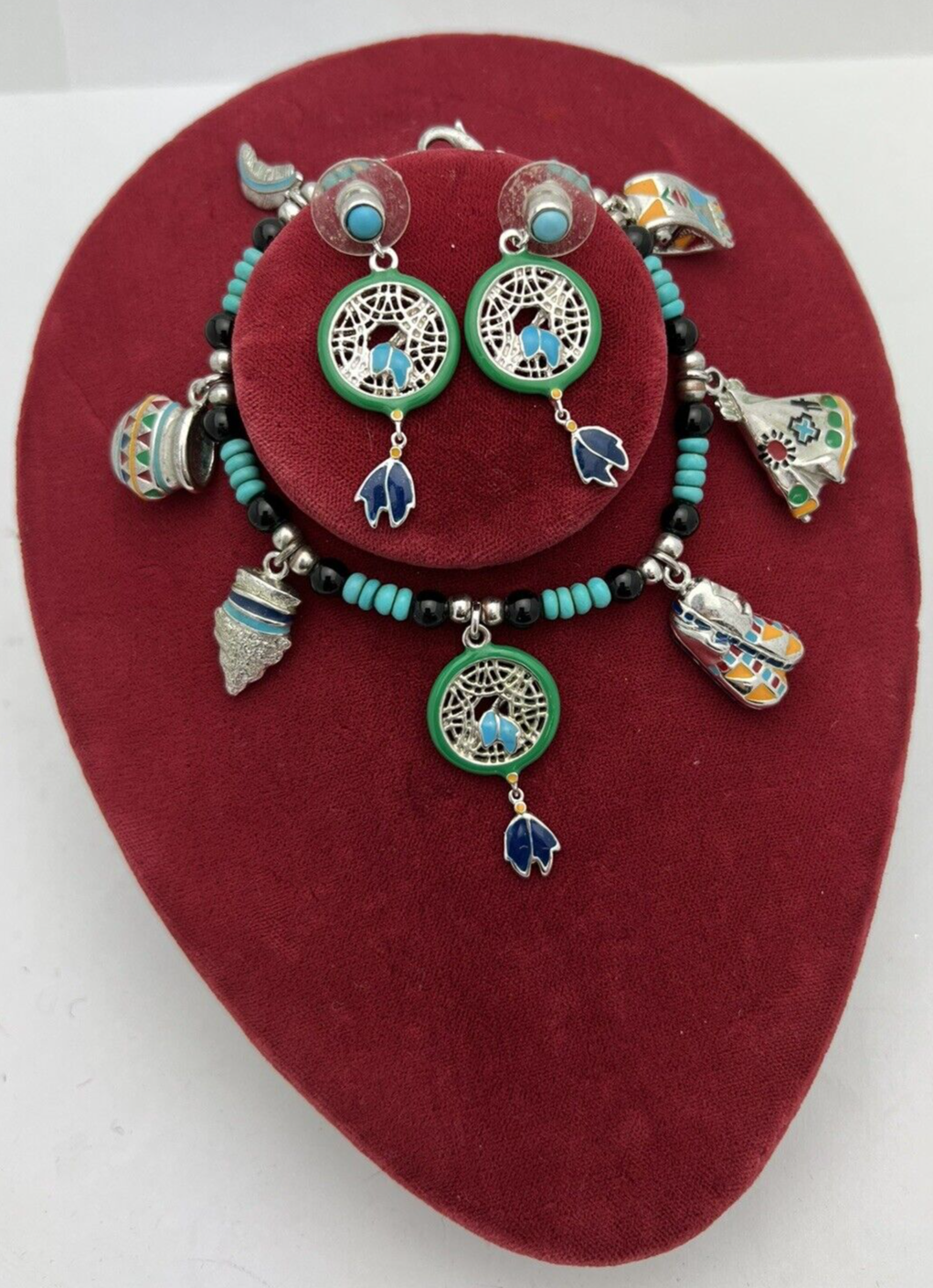 AMERICAN INDIAN CHARM BRACELET & Earrings W/ TEE-PEE, DREAM CATCHER, ARROW HEAD